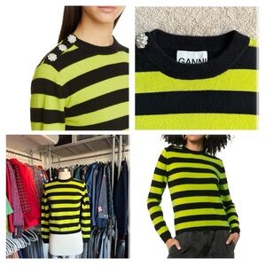 Ganni Stripe Button Embellished Cashmere Sweater